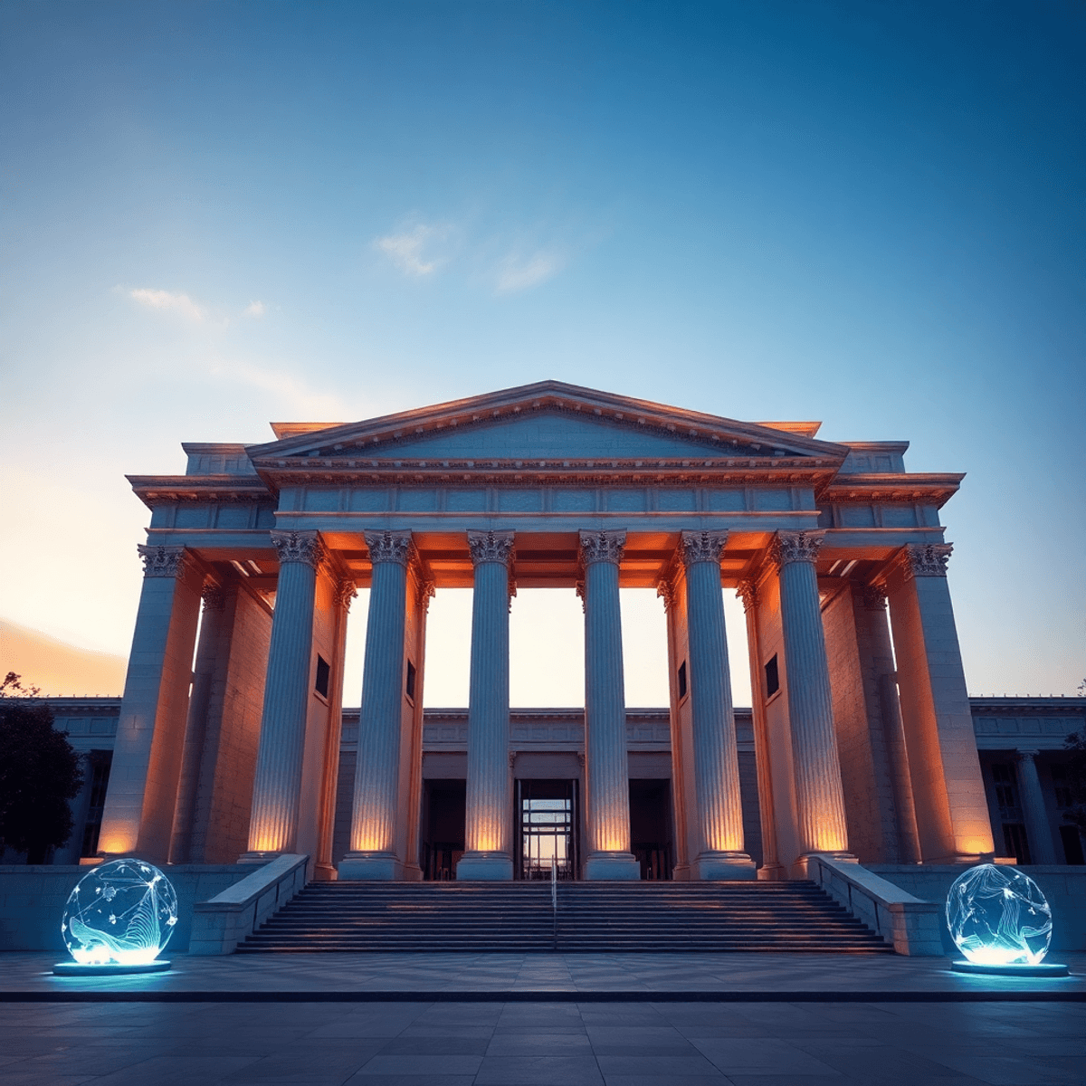 Abstract architectural structure combining classical and modern elements with glowing digital patterns, set against a serene dawn sky.