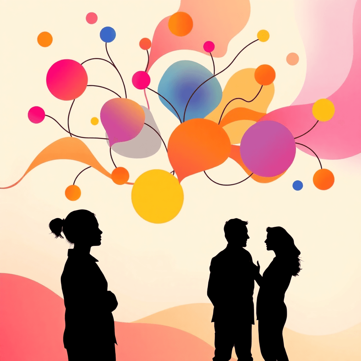 Abstract colorful shapes and flowing lines with subtle human silhouettes in thoughtful conversation against a soft gradient background symbolizing ...