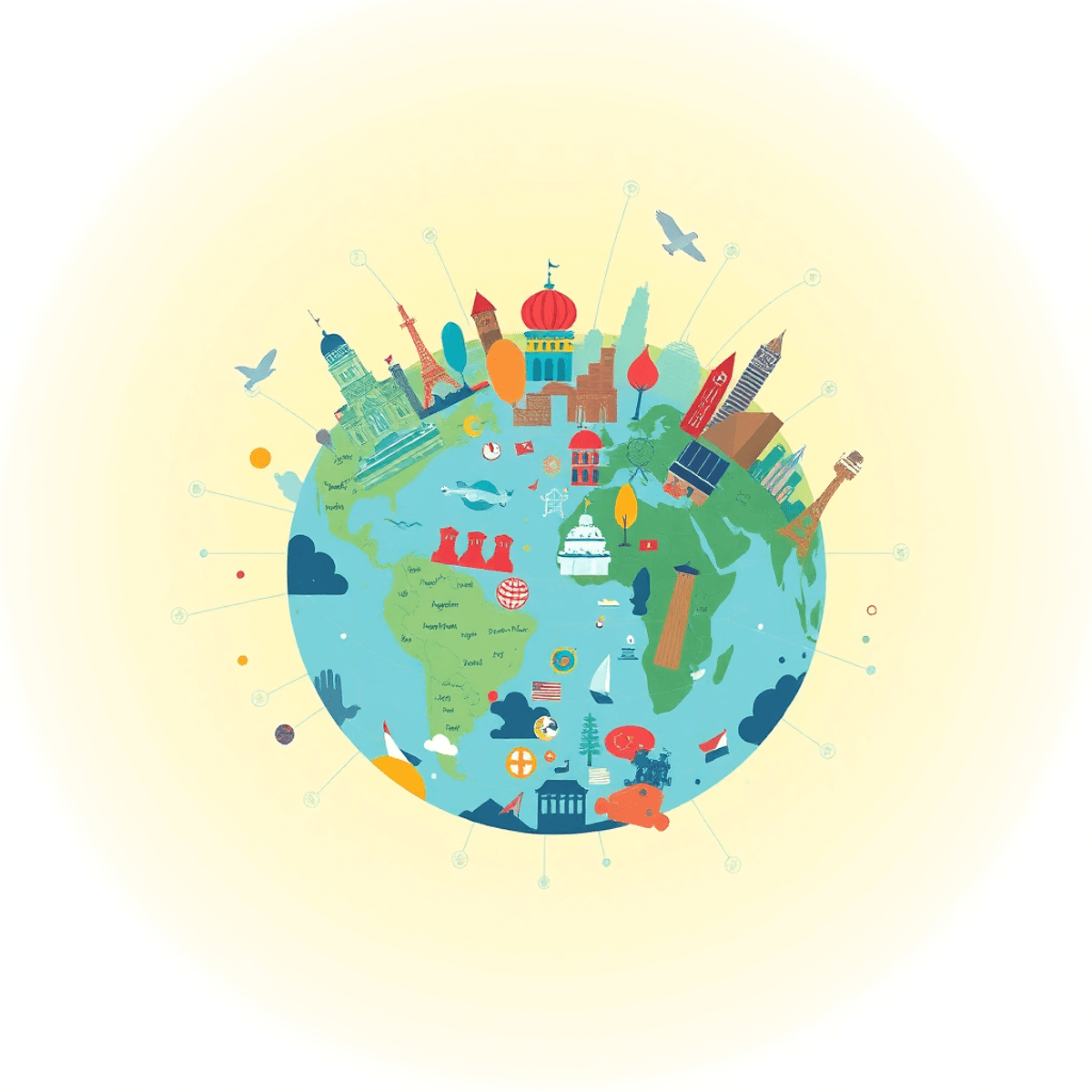 Abstract globe made of cultural icons and architecture with digital network patterns on a bright background symbolizing global entrepreneurship and...