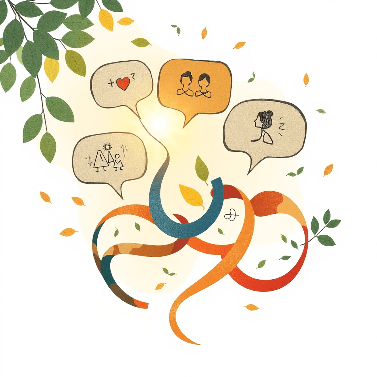 Abstract illustration with intertwined speech bubbles, flowing ribbons, cultural motifs, gender symbols, leaves, and sunlight symbolizing communica...