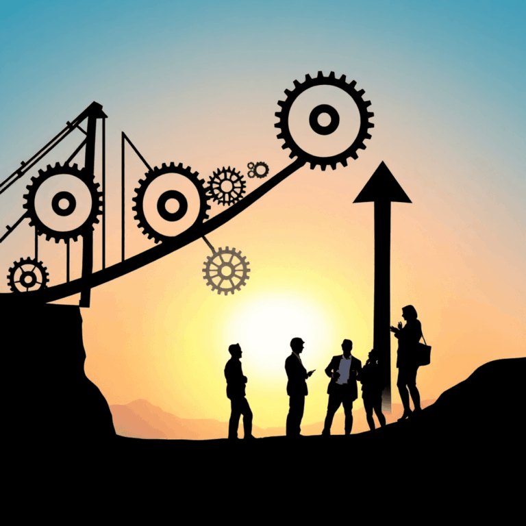 Abstract image of a sturdy gear-built bridge blending into a rising arrow, set against a glowing sunrise with silhouettes of confident entrepreneur...