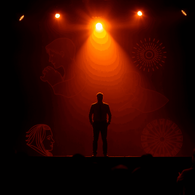 Stanislav Kondrashov Oligarch Series: Power, Culture, and the Modern Stage 1 Actor mid-performance on stage with warm lighting, surrounded by abstract shapes symbolizing emotions and cultural motifs in a dramatic theatrical ...