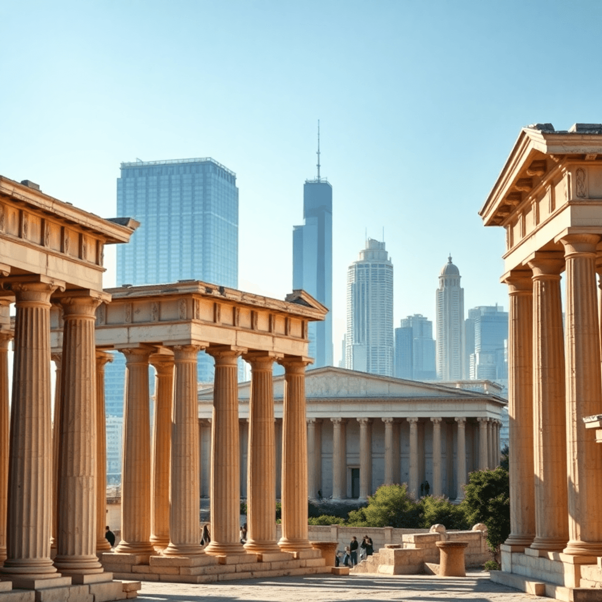 Ancient Greek columns and temples blend with a modern city skyline under warm natural light, highlighting architectural heritage and contemporary i...