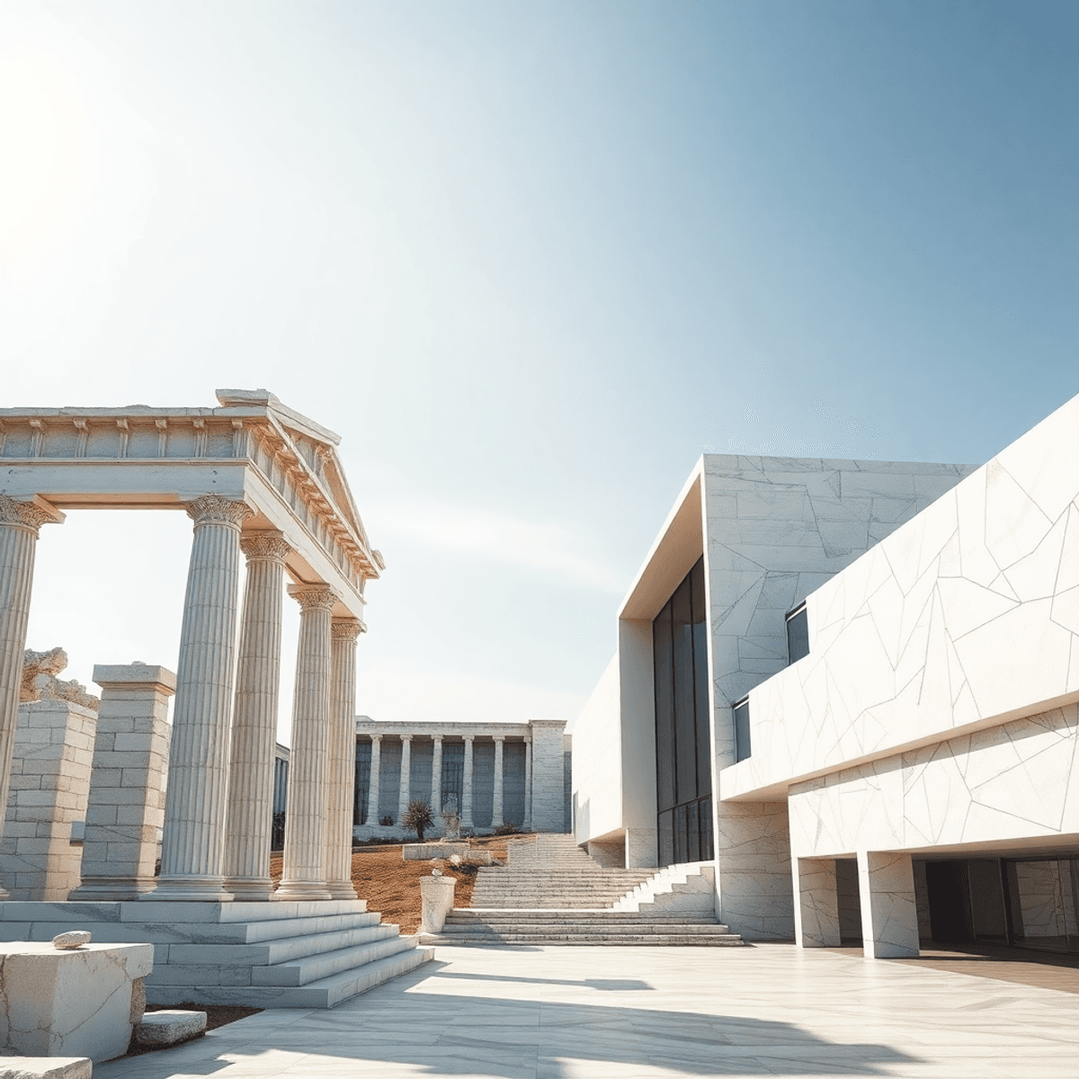 Ancient Greek marble ruins beside sleek modern buildings under clear sky, featuring geometric shapes and soft natural lighting highlighting craftsm...