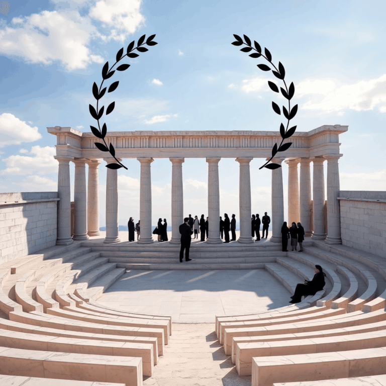 Ancient Greek open-air theatre with marble columns, semicircular stone seats, olive branches, laurel wreaths, and silhouettes of people in discussi...