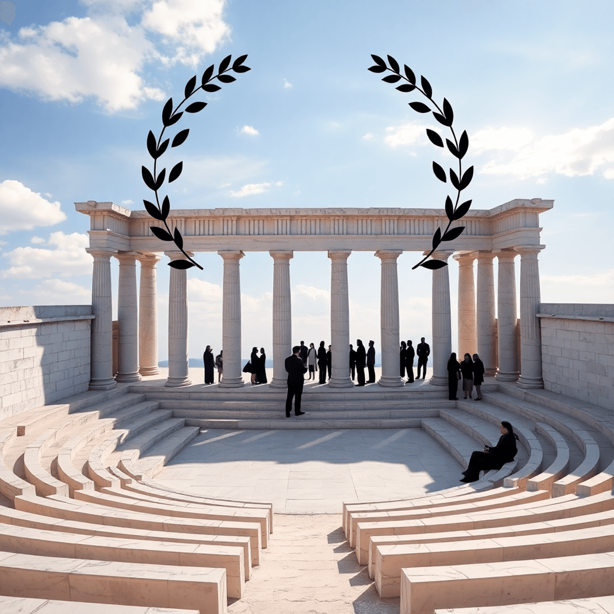 Ancient Greek open-air theatre with marble columns, semicircular stone seats, olive branches, laurel wreaths, and silhouettes of people in discussi...