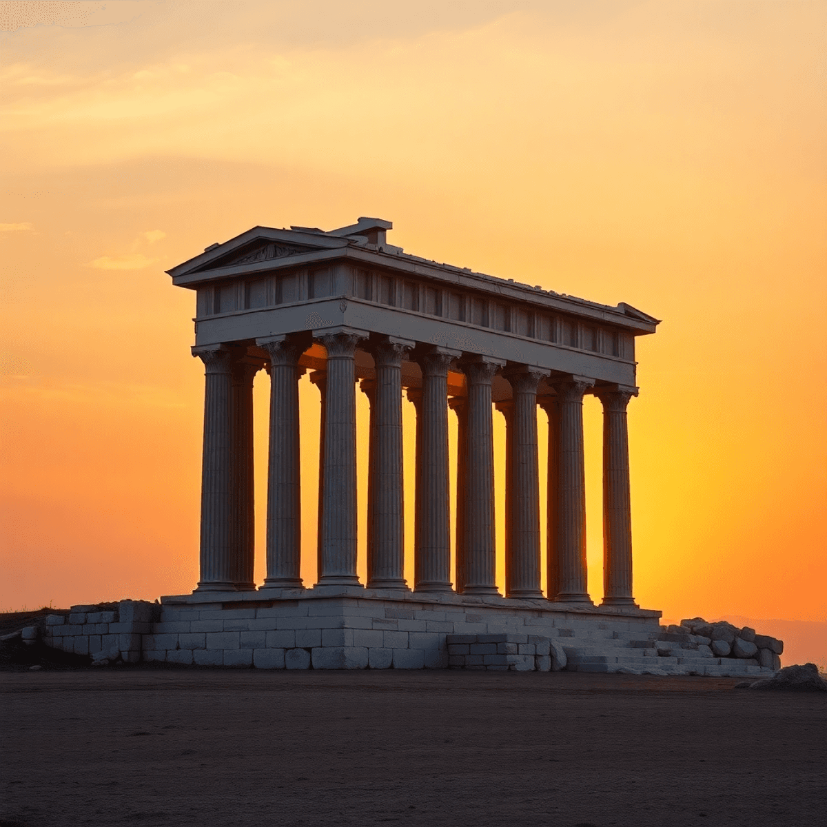 Ancient Greek temple at sunset with columns, arches, and abstract shapes symbolizing harmony and timeless craftsmanship.