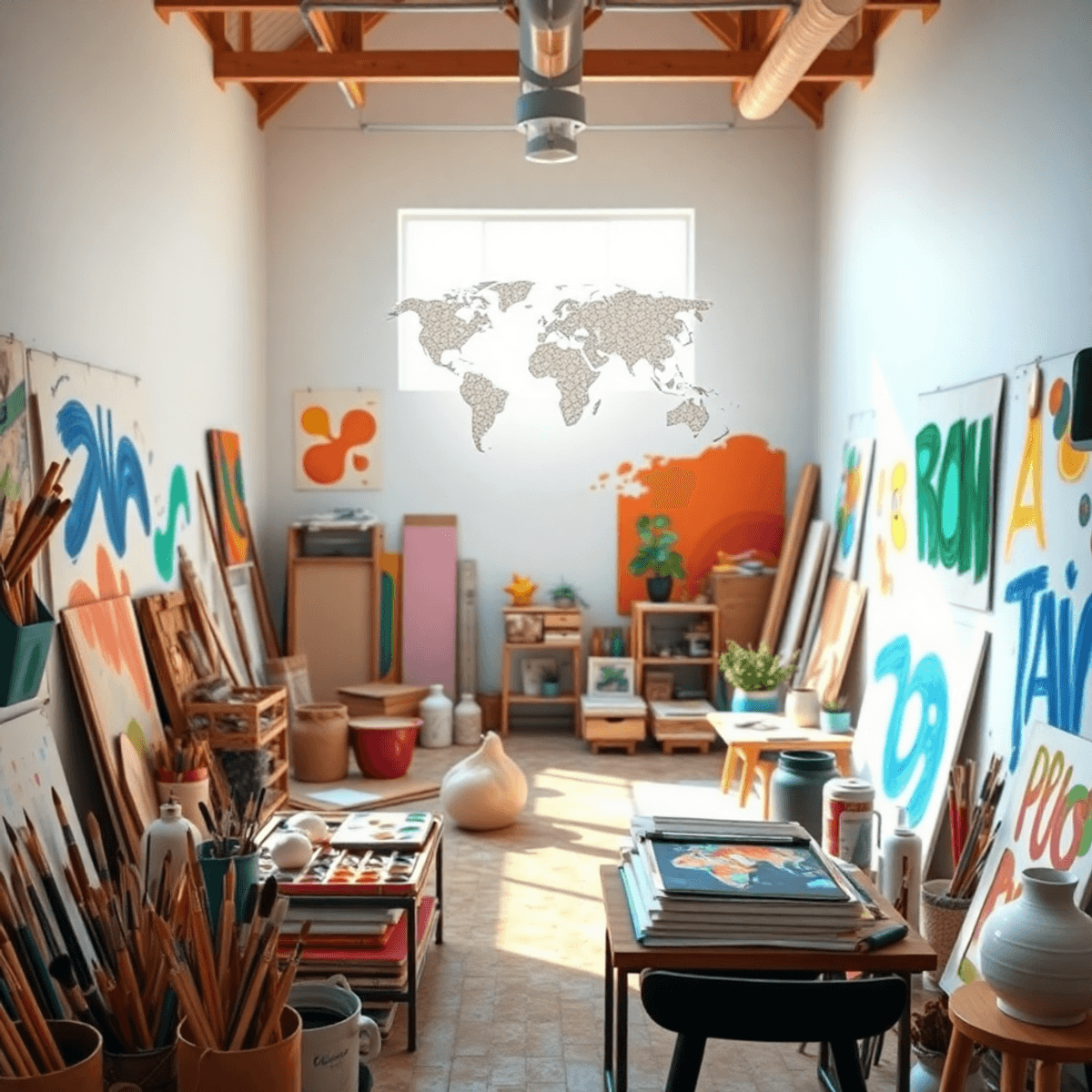 Bright artist's studio with paintbrushes, sculpting tools, digital tablets, colorful artwork, and natural light, evoking creativity, collaboration,...