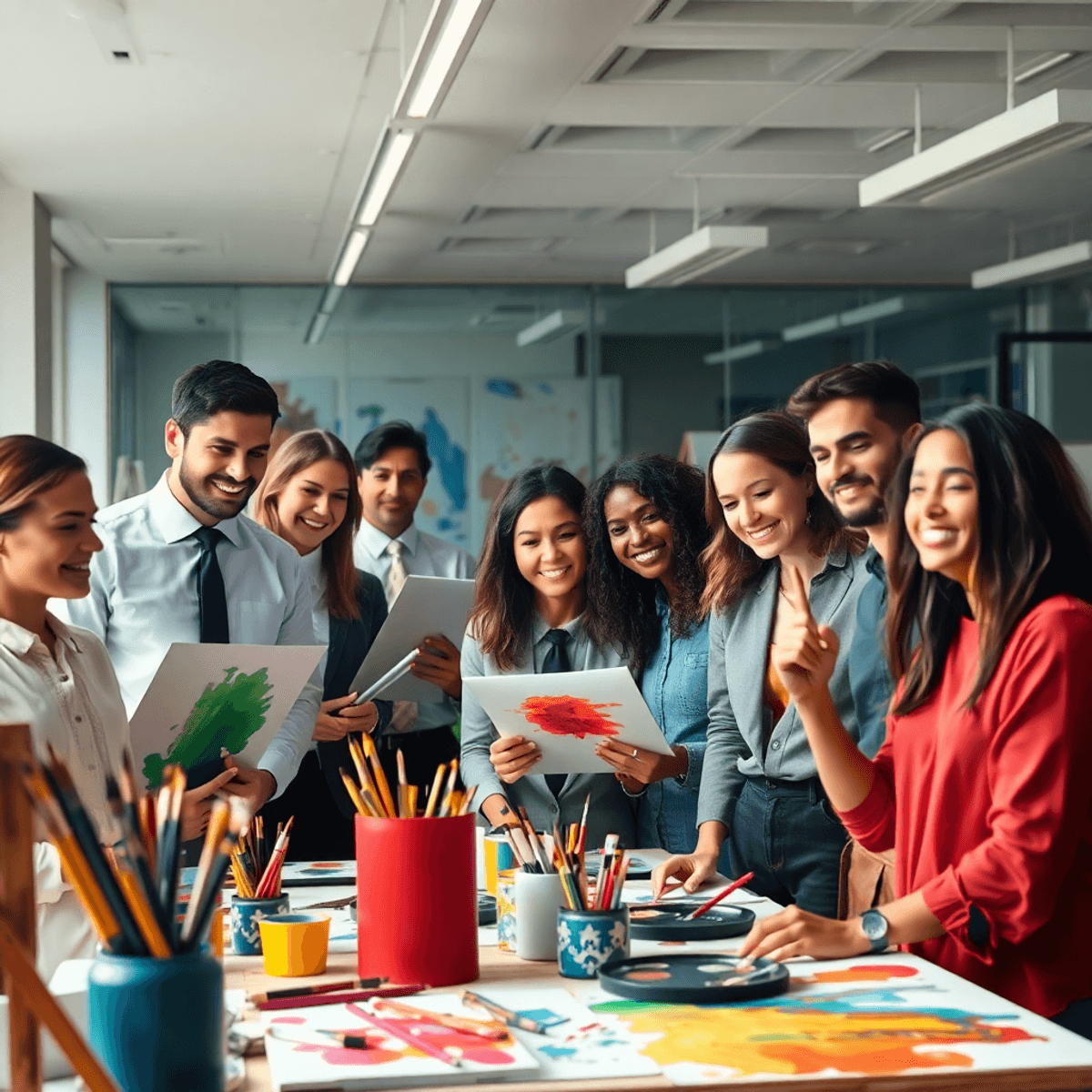Business executives in a modern office painting with vibrant colors and abstract art supplies, symbolizing creativity and mental wellbeing.