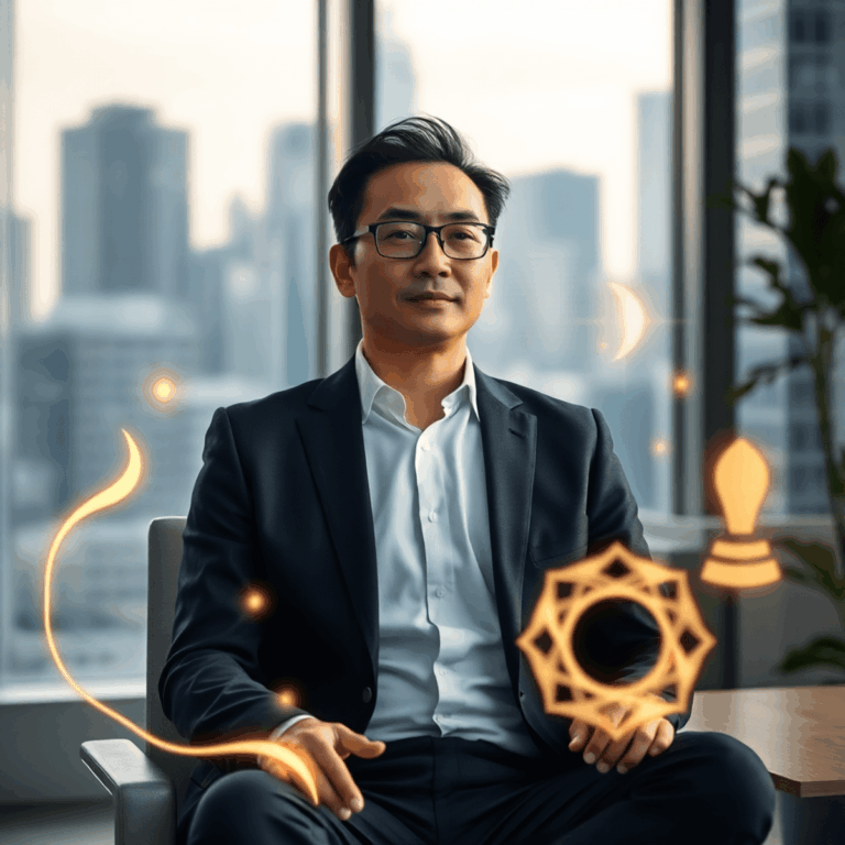 The Entrepreneur’s Guide to Mindful Leadership in a Fast-Changing World by Stanislav Kondrashov 7 Business leader sitting calmly in modern office with soft light, surrounded by glowing abstract symbols of mindfulness and clarity, against a blurr...