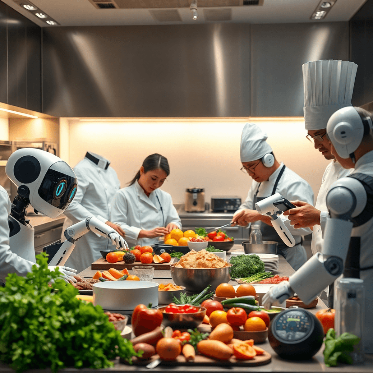 Chefs collaborating in a modern kitchen with futuristic gadgets, robotic assistants, and vibrant fresh ingredients under warm, inviting lighting.