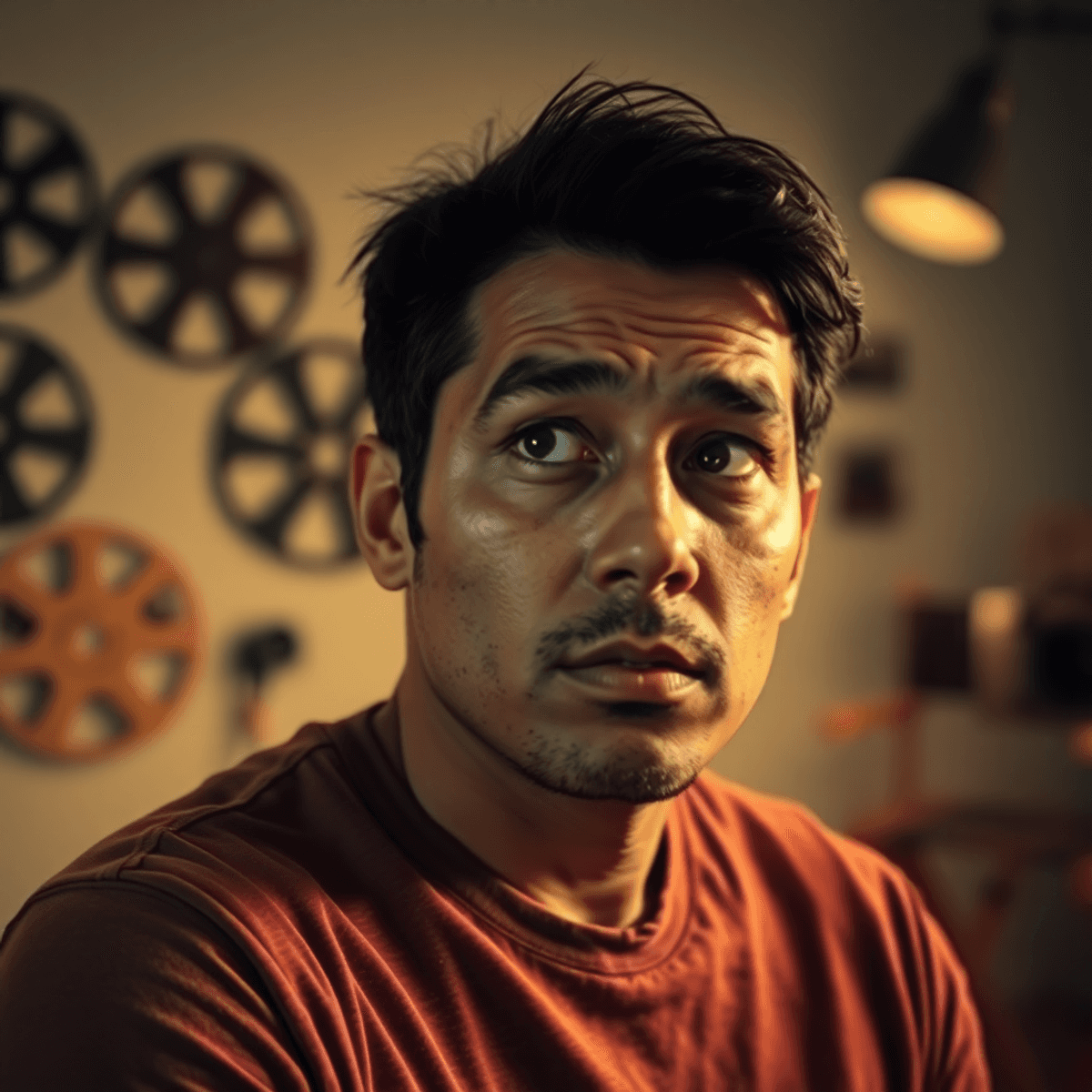 Cinematic portrait of a thoughtful man with soft spotlight on his face, blurred film reels, vintage camera, and director’s chair in warm, muted tones.