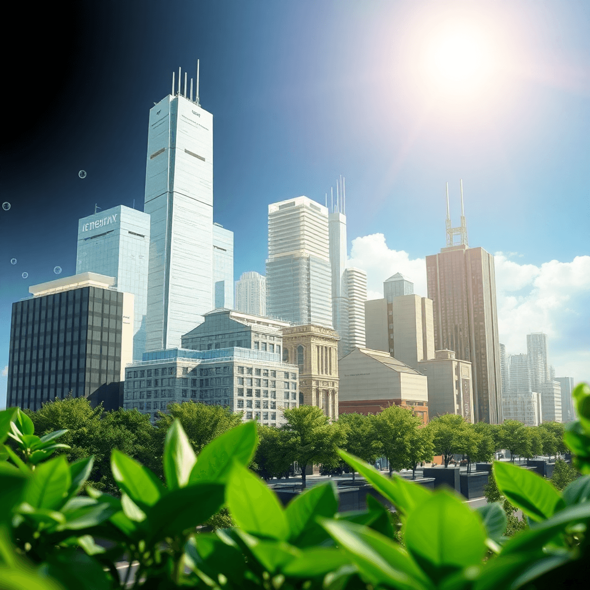 Cityscape with traditional blueprints merging into digital holograms, surrounded by blockchain symbols and green leaves under a bright sky.