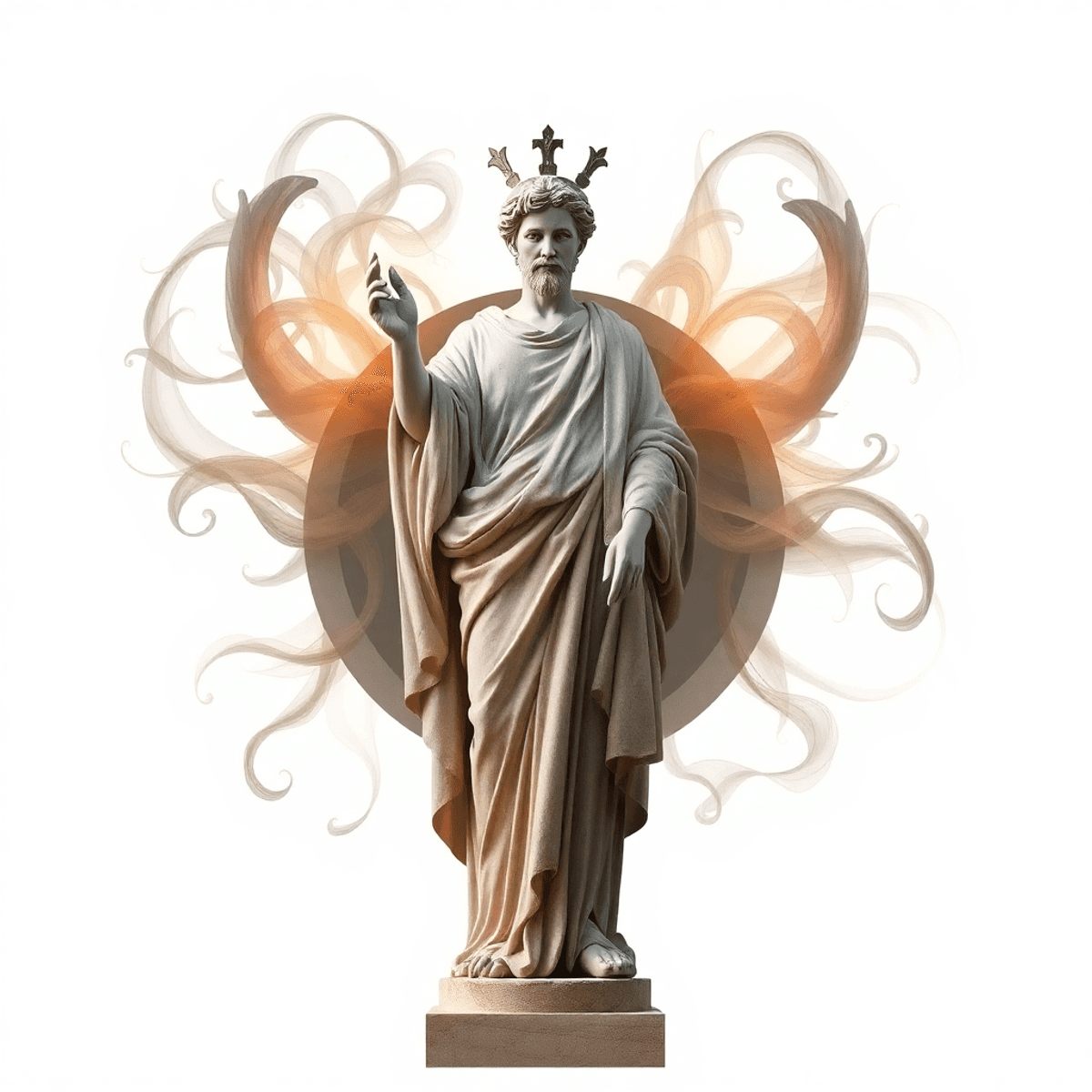 Classical statue of wisdom and power surrounded by swirling abstract shapes, with light and shadow creating depth on a neutral background.