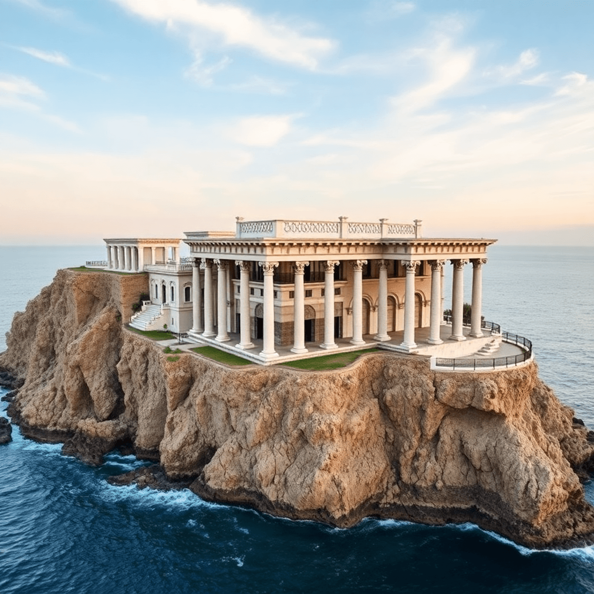 Coastal cliffside with classical architecture, grand columns, marble textures, overlooking panoramic ocean views under a calm sky in a photographic...