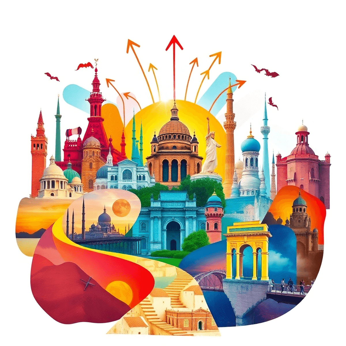 Colorful collage of abstract landmarks, flowing shapes, arrows, light trails, sunrises, and pathways symbolizing travel and creative inspiration.