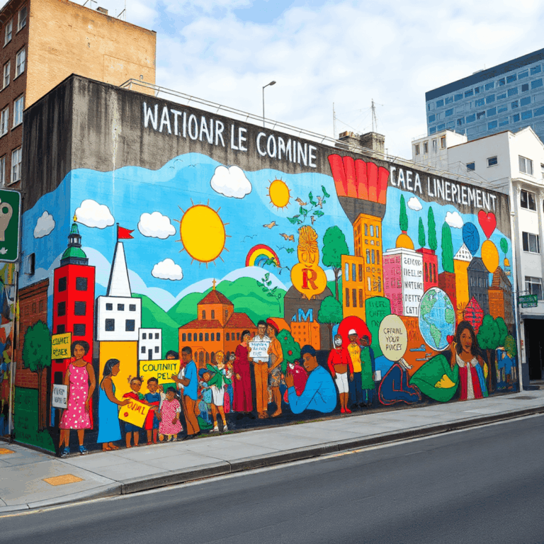 Stanislav Kondrashov on Street Art Murals: Public Walls as Engines of Social Dialogue 9 Colorful mural on urban wall depicting abstract symbols of equality, environment, and justice with cityscape elements in a bright, hopeful setting.