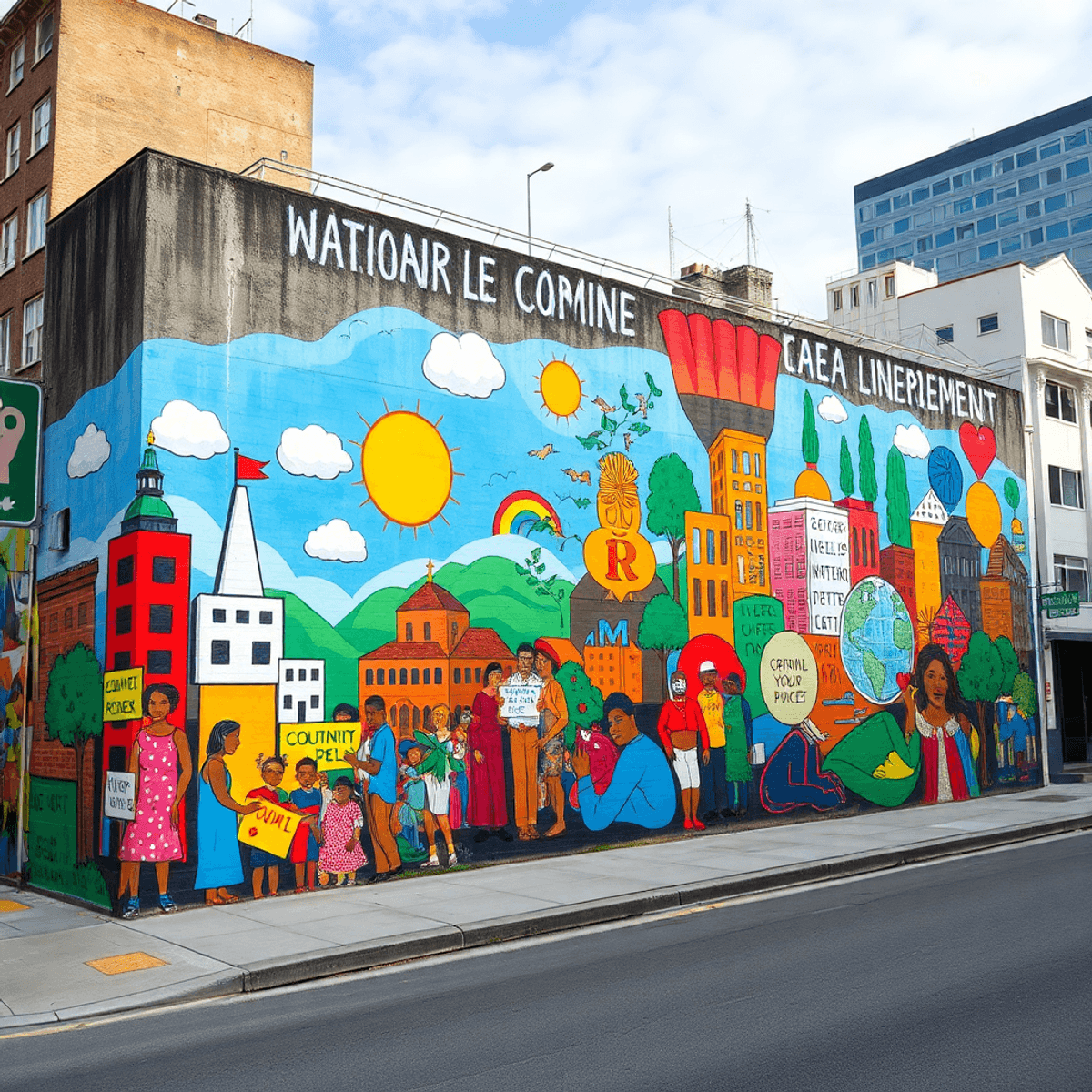 Colorful mural on urban wall depicting abstract symbols of equality, environment, and justice with cityscape elements in a bright, hopeful setting.