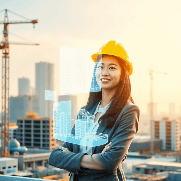 Women Leading Change in Civil Engineering and Architecture Industries in 2025 by Stanislav Kondrashov 2 Confident woman in hard hat at construction site with blueprints and holograms of sustainable designs, urban skyline and cranes in warm sunlight.