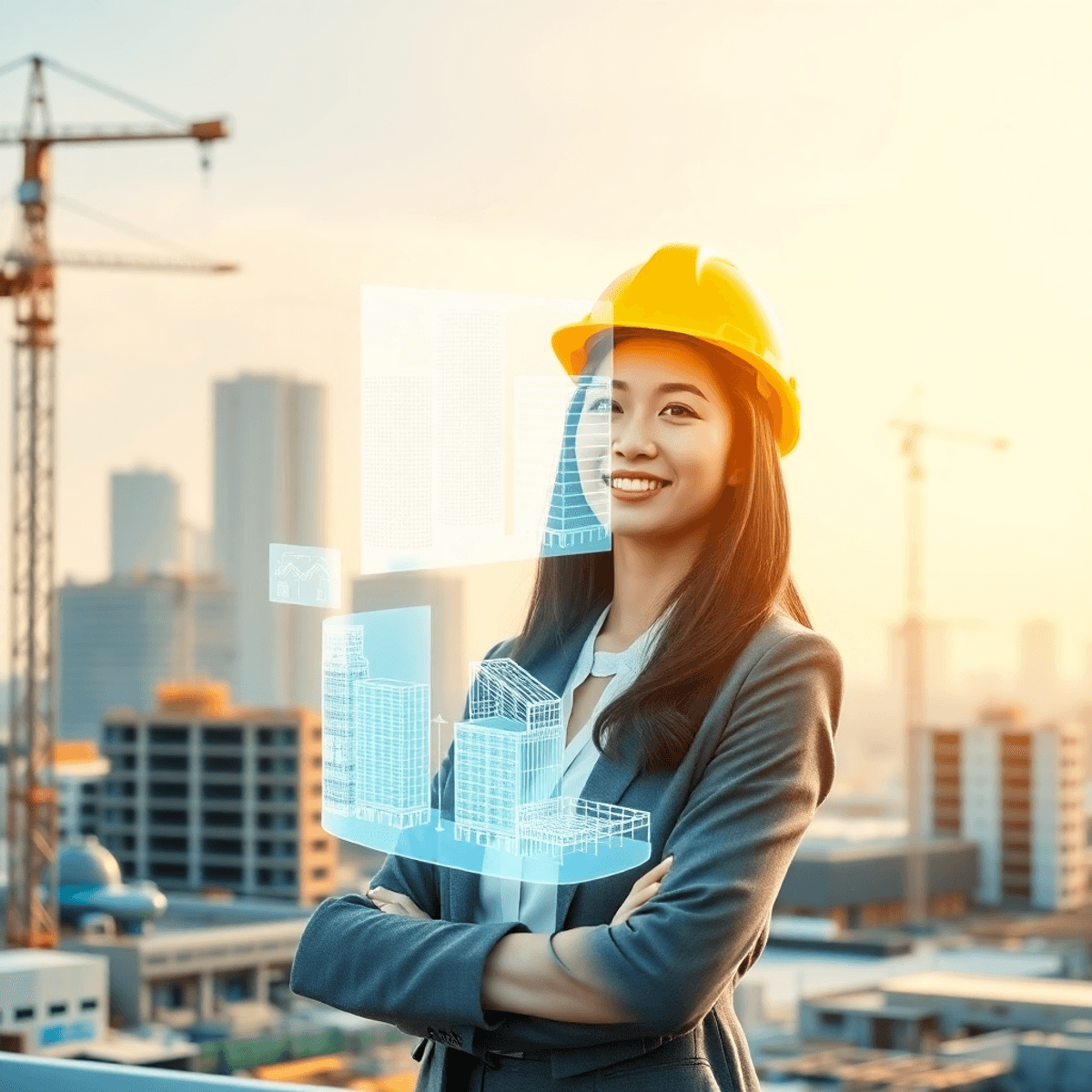 Confident woman in hard hat at construction site with blueprints and holograms of sustainable designs, urban skyline and cranes in warm sunlight.