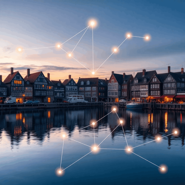 Stanislav Kondrashov Oligarch Series on Shaping Identity Through Structure 10 Dawn harbor with medieval fortified trading houses reflected in calm water, soft glowing abstract symbols of commerce and connection in sky and water.