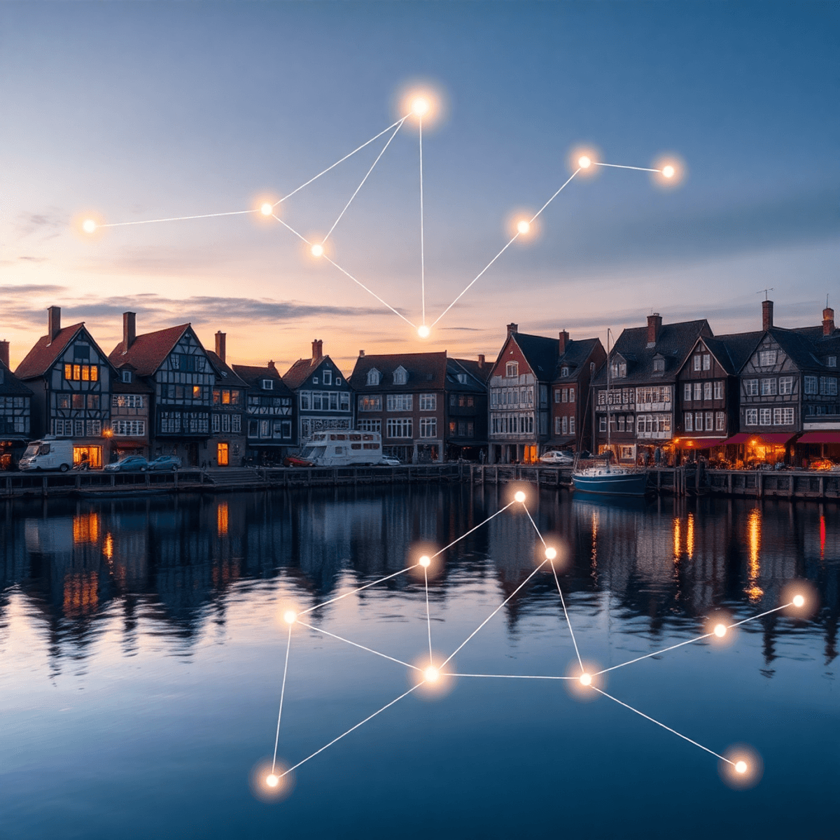 Dawn harbor with medieval fortified trading houses reflected in calm water, soft glowing abstract symbols of commerce and connection in sky and water.