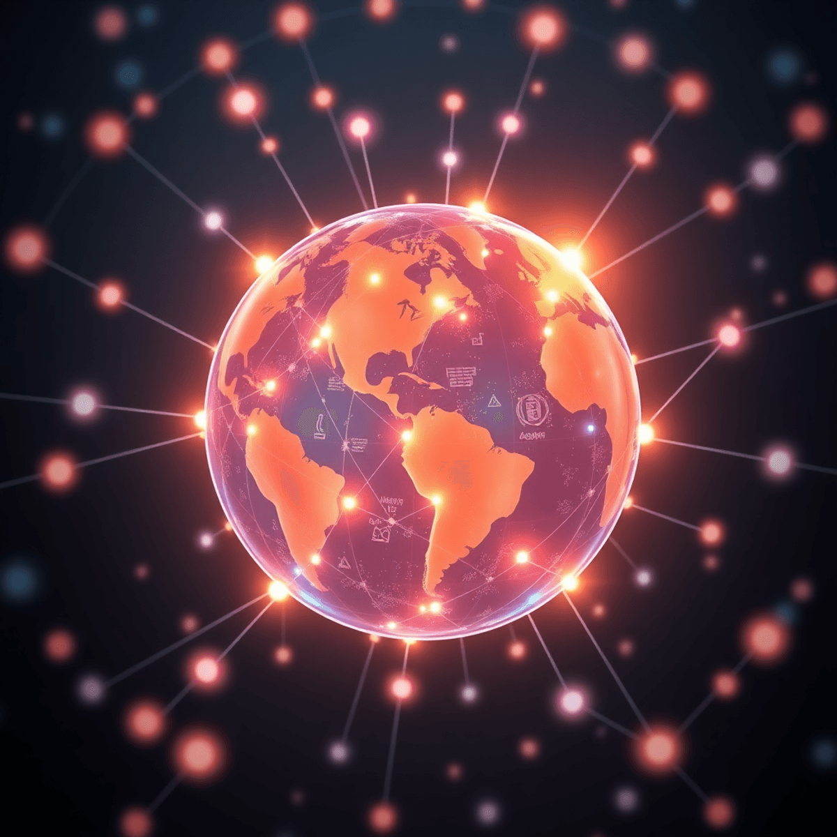 Digital globe with glowing nodes and abstract human silhouettes symbolizing global virtual mentorship and online connections in a futuristic style.