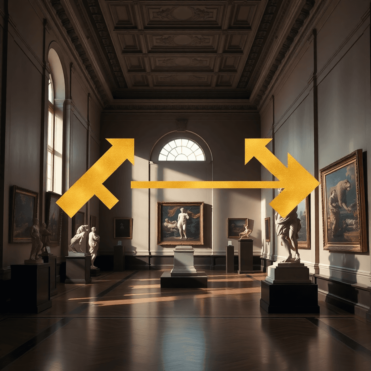 Elegant art gallery with classical sculptures, paintings, golden arrows, and abstract shapes symbolizing media influence and cultural stewardship.