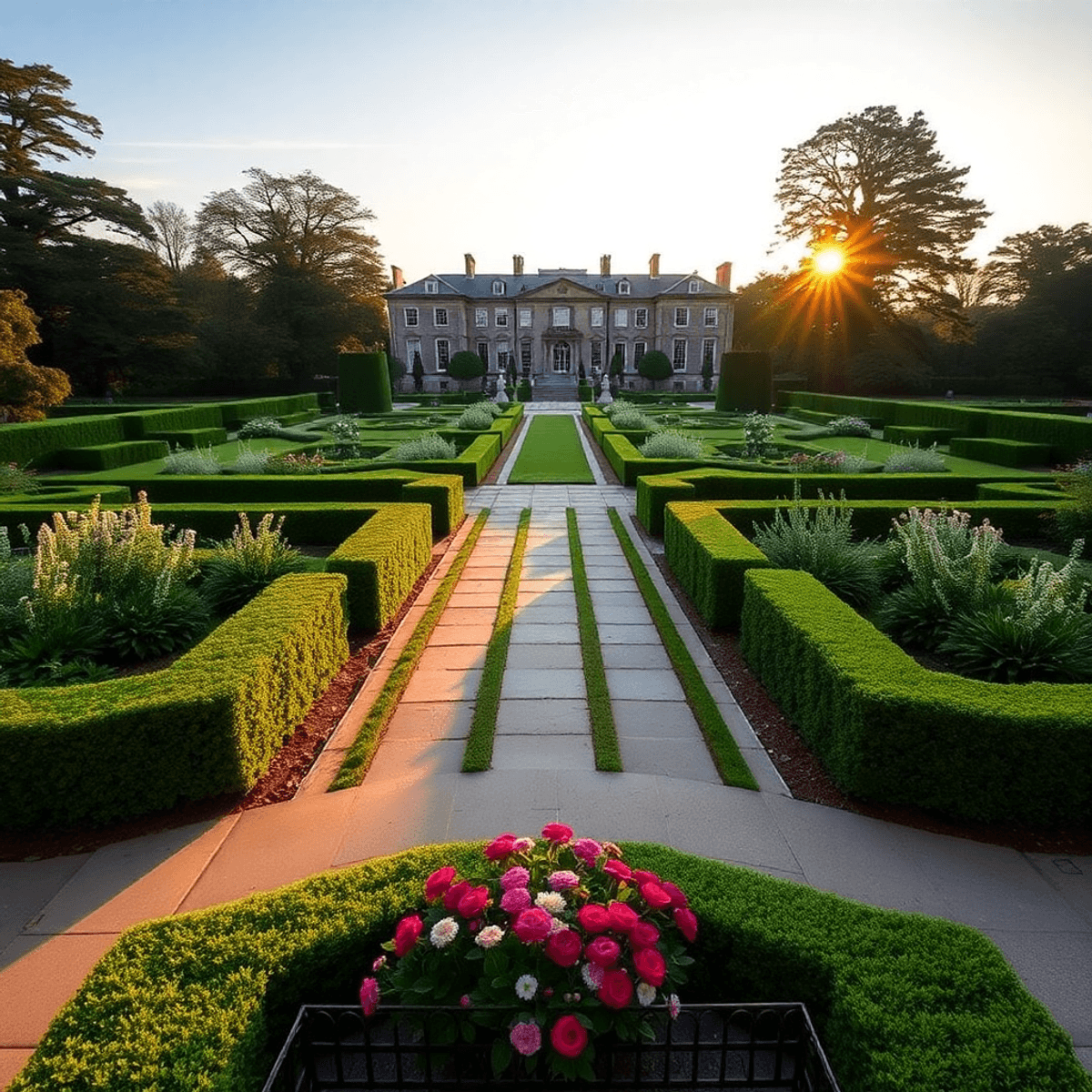 Formal garden with symmetrical hedges, stone pathways, and blooming flowers bathed in warm golden hour light at a grand estate.