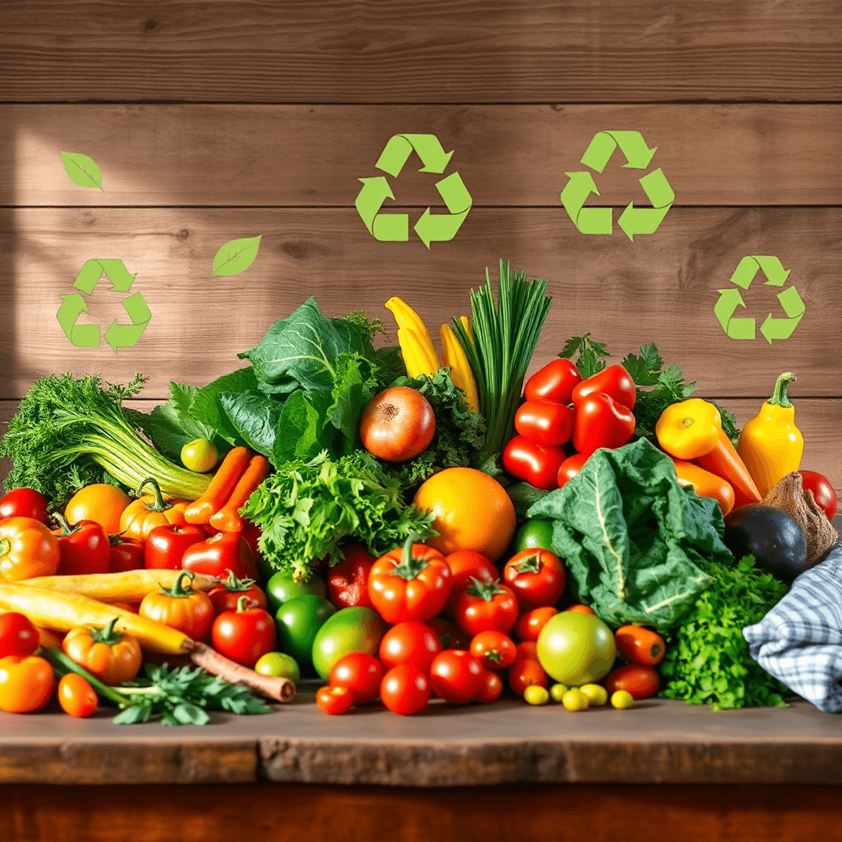 Fresh colorful vegetables and fruits arranged on a rustic wooden table with green leaves and recycling icons in soft natural light.