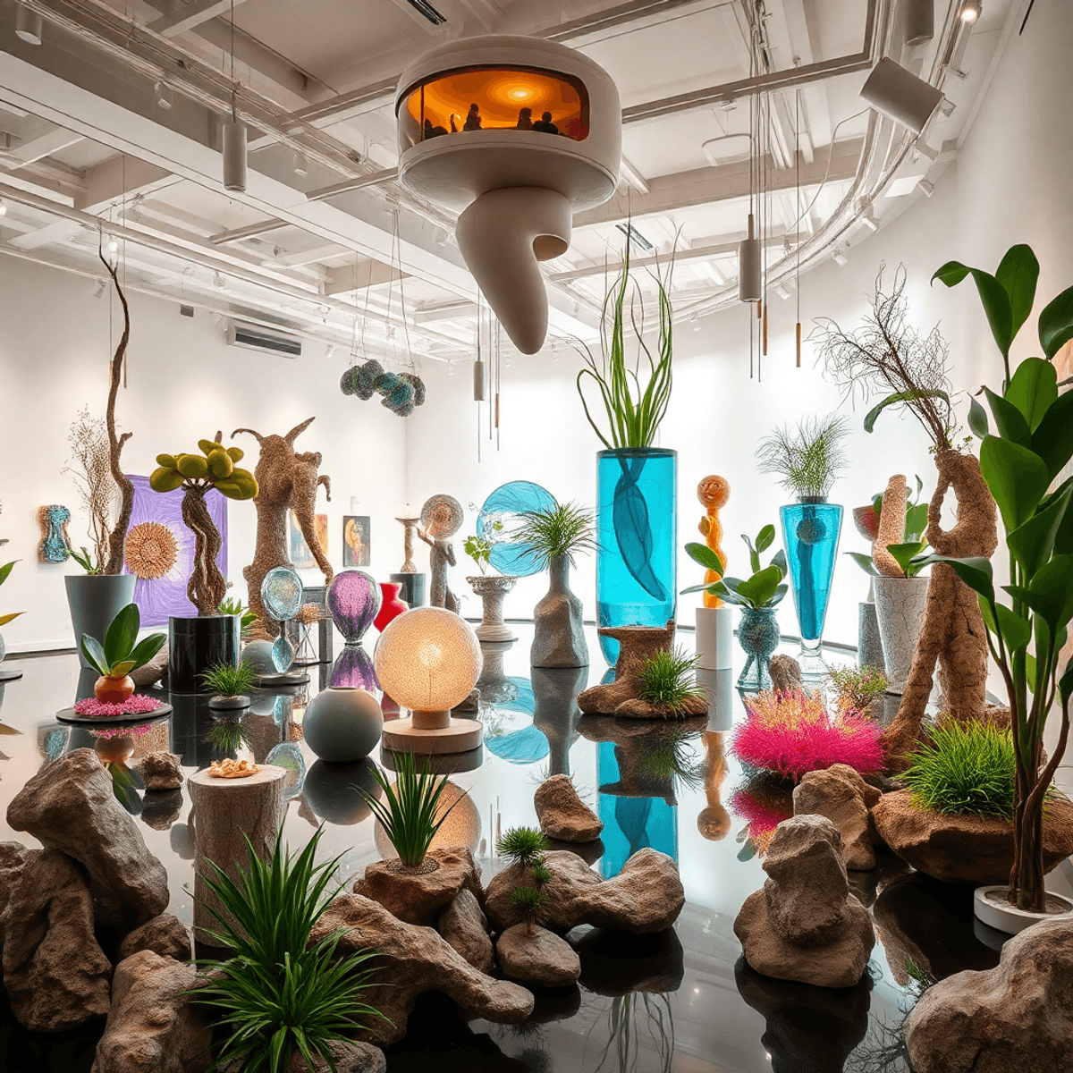Futuristic art gallery with glowing abstract sculptures blending plants, water, and modern tech in a sleek, creative space.
