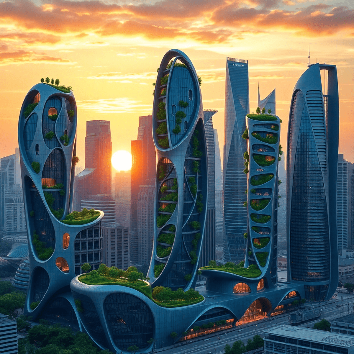 Futuristic city skyline at sunset with eco-friendly skyscrapers, green rooftop gardens, and integrated trees and water features in a photograph style.