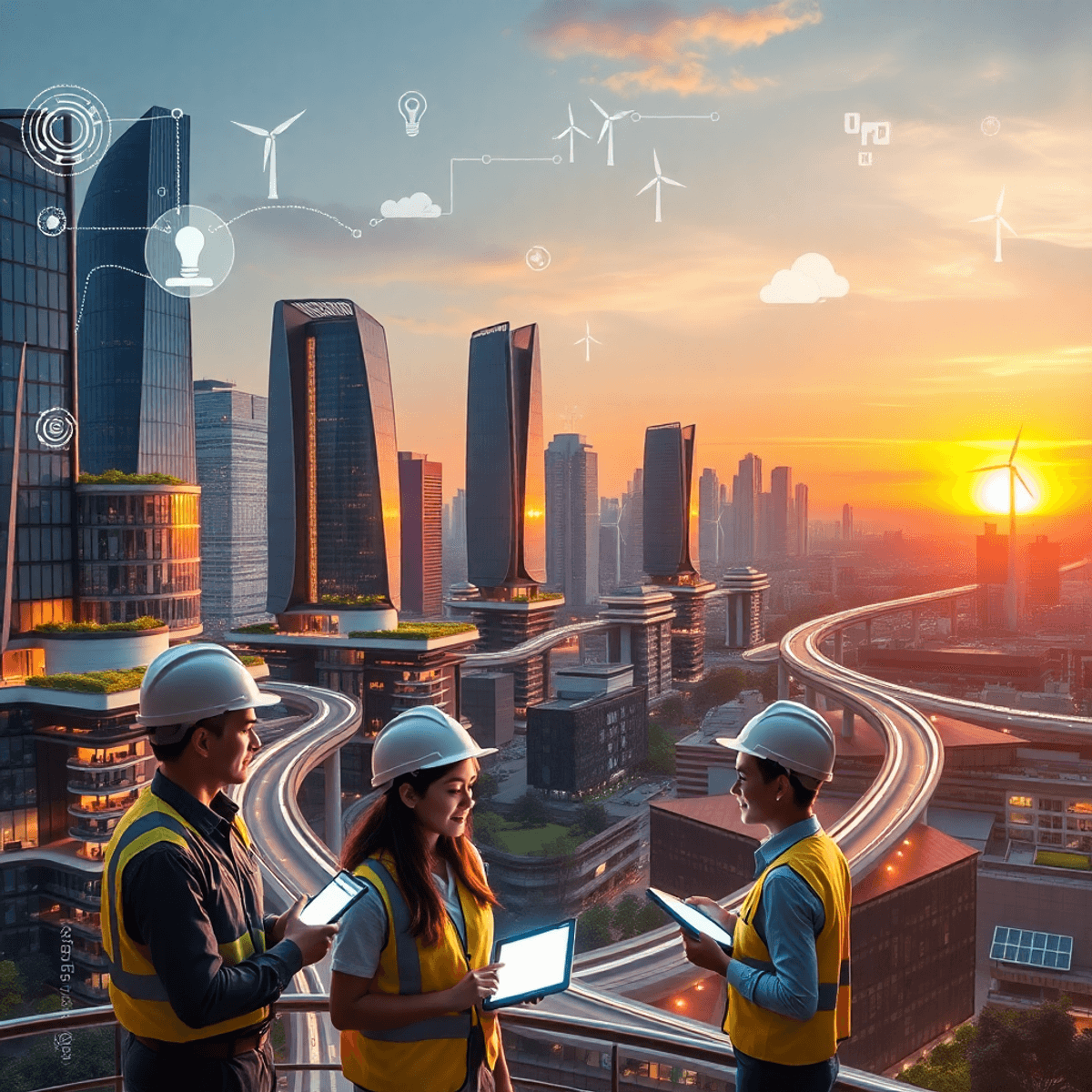 Futuristic cityscape at sunset with green rooftops, illuminated bridges, engineers in helmets discussing plans, and symbols of technology and susta...