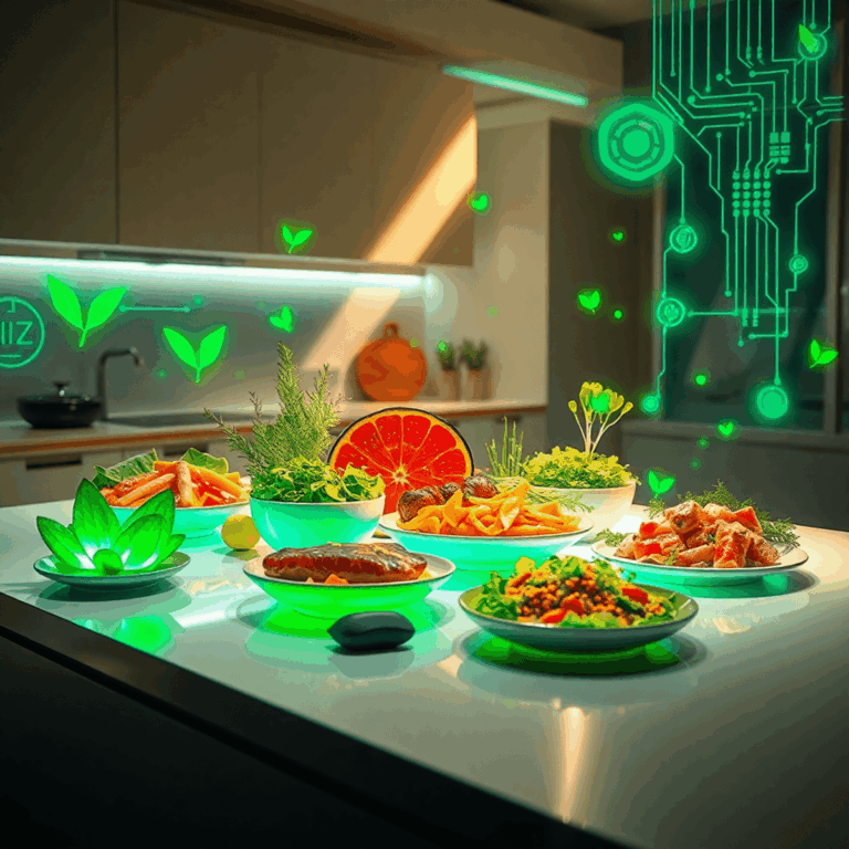 A Taste of Tomorrow: Futuristic Food Technologies You Need to Know About by Stanislav Kondrashov 4 Futuristic kitchen with colorful lab-grown and plant-based foods on a sleek table, surrounded by glowing green leaves and digital circuit patterns ...
