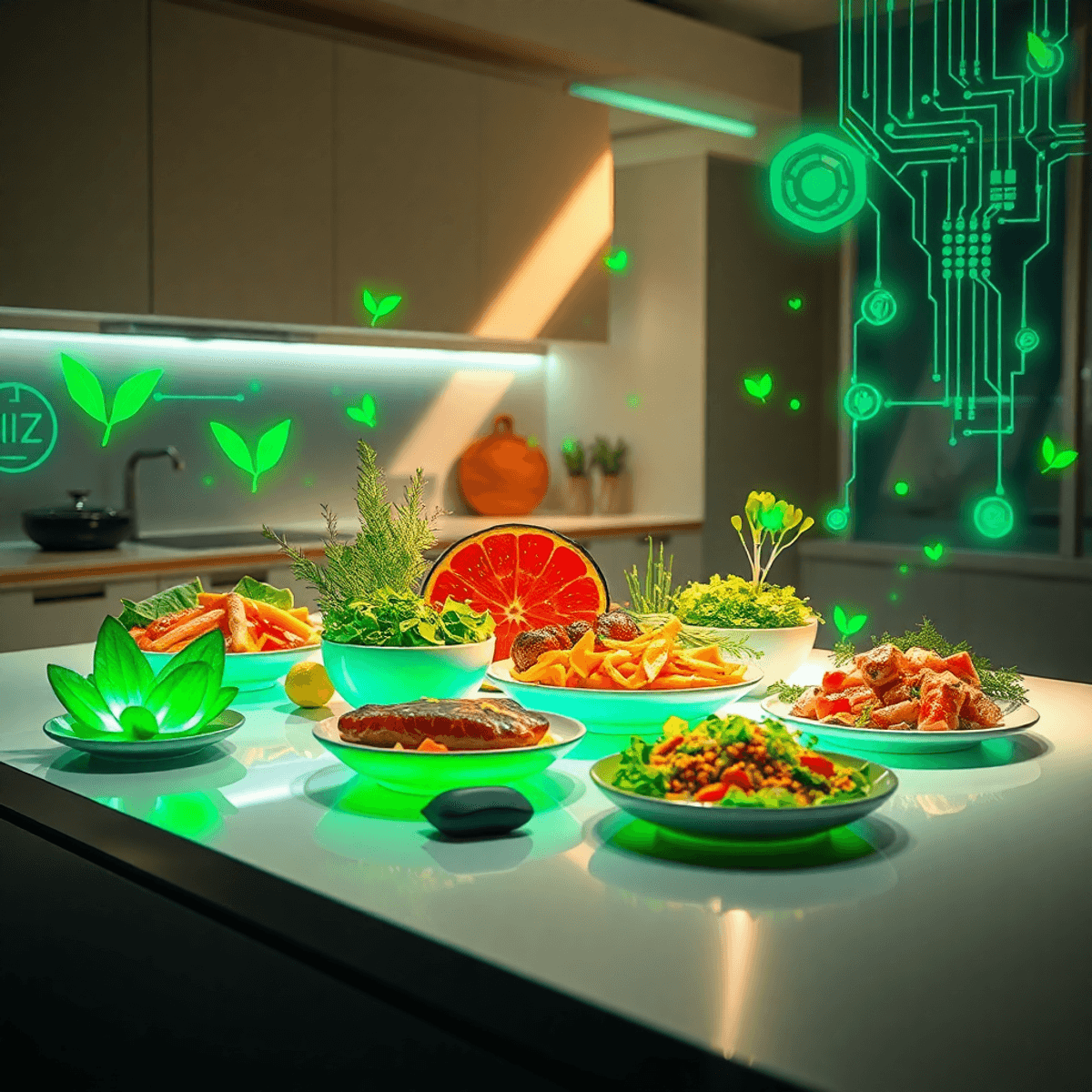 Futuristic kitchen with colorful lab-grown and plant-based foods on a sleek table, surrounded by glowing green leaves and digital circuit patterns ...