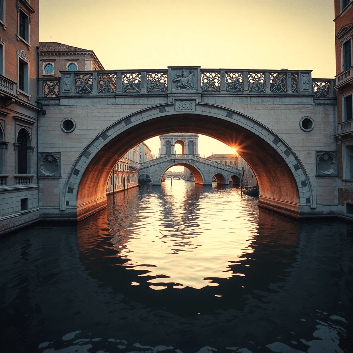 Historic Venetian stone bridge over calm canal at sunset, with warm light and reflections of Gothic and Byzantine architecture in the water.