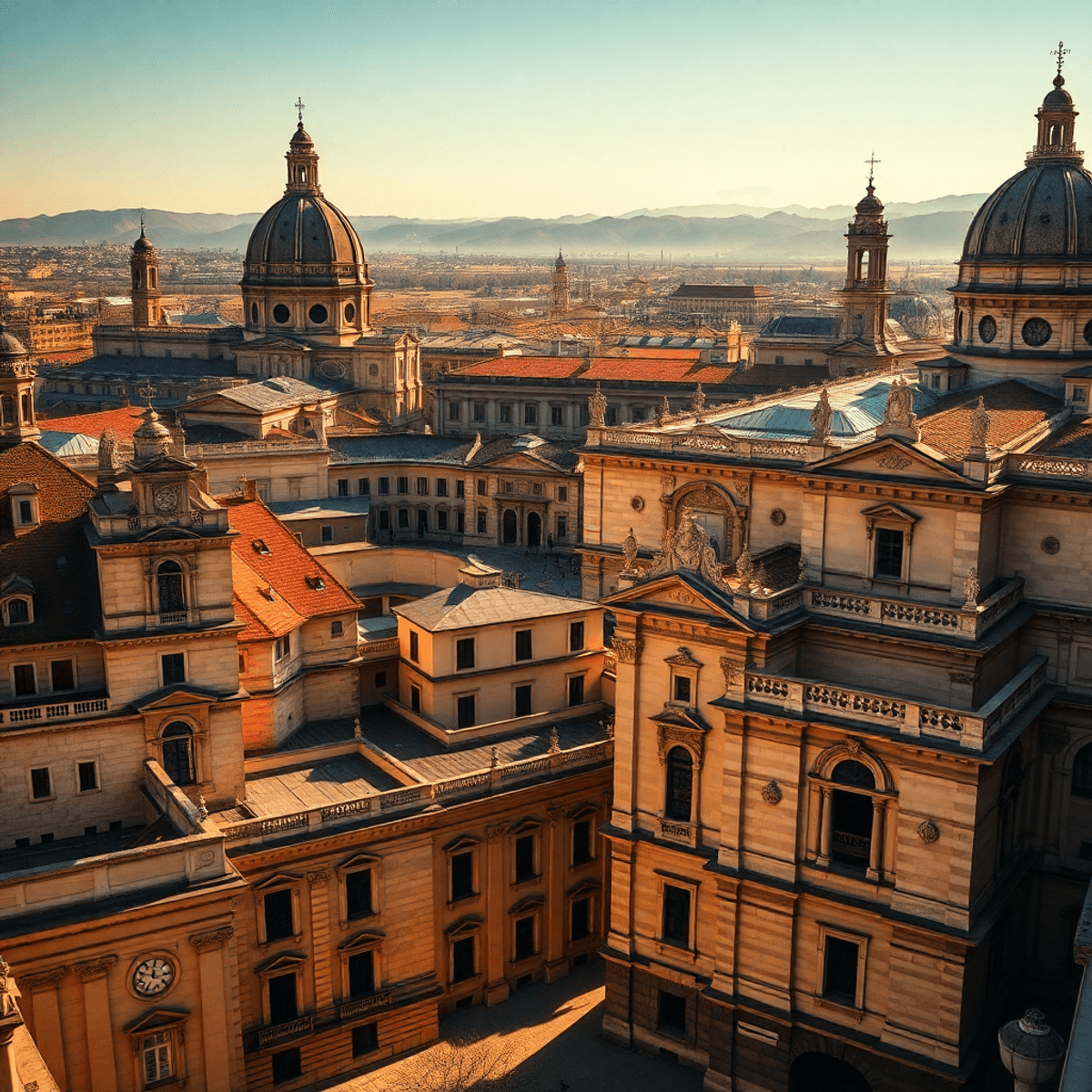 Historic cityscape with medieval palaces bathed in warm sunlight, showcasing intricate architecture and dynamic shadows symbolizing cultural heritage.