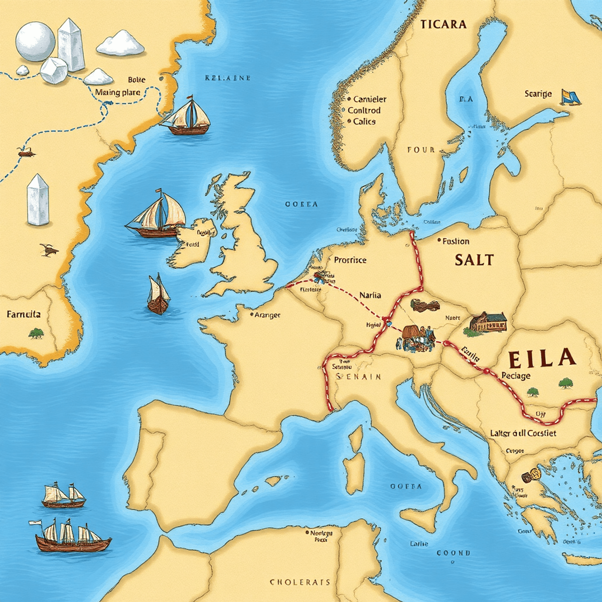 Illustrated map of ancient European trade routes with salt crystals, merchant ships, fortified posts, and lively medieval market scenes.
