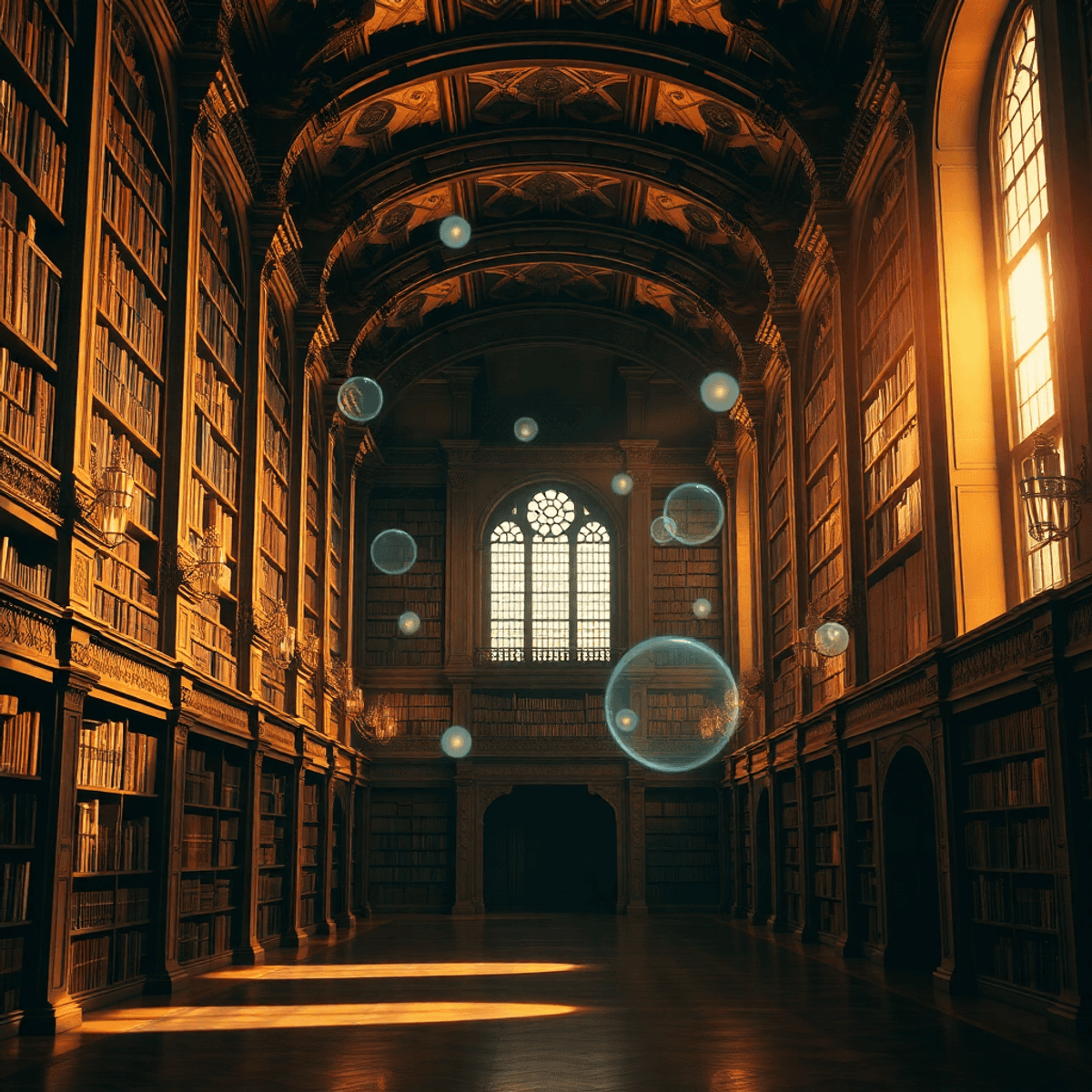 Interior of a grand, ancient library with towering bookshelves, warm golden light, intricate details, and glowing orbs floating in a serene atmosph...