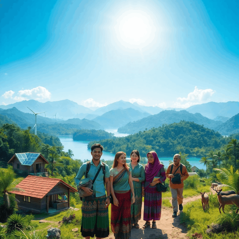 Sustainable Travel in 2025: Top Emerging Eco-Destinations for Conscious Explorers by Stanislav Kondrashov 8 Lush landscape with forests, mountains, clear waters, eco-friendly cabins with solar panels, wind turbines, travelers engaging with locals, wildlif...