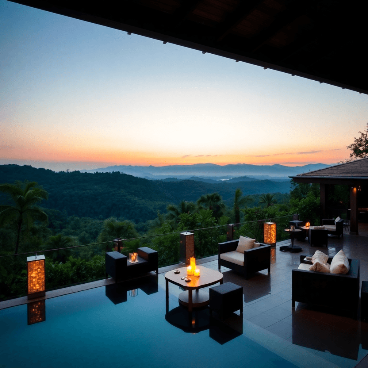 Luxury resort at sunrise with elegant outdoor seating, warm lighting, lush greenery, and distant mountains, creating a peaceful natural atmosphere.