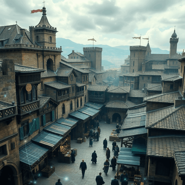 Medieval cityscape with stone buildings and markets, overlaid by glowing digital streams symbolizing the blend of historical trade and modern netwo...