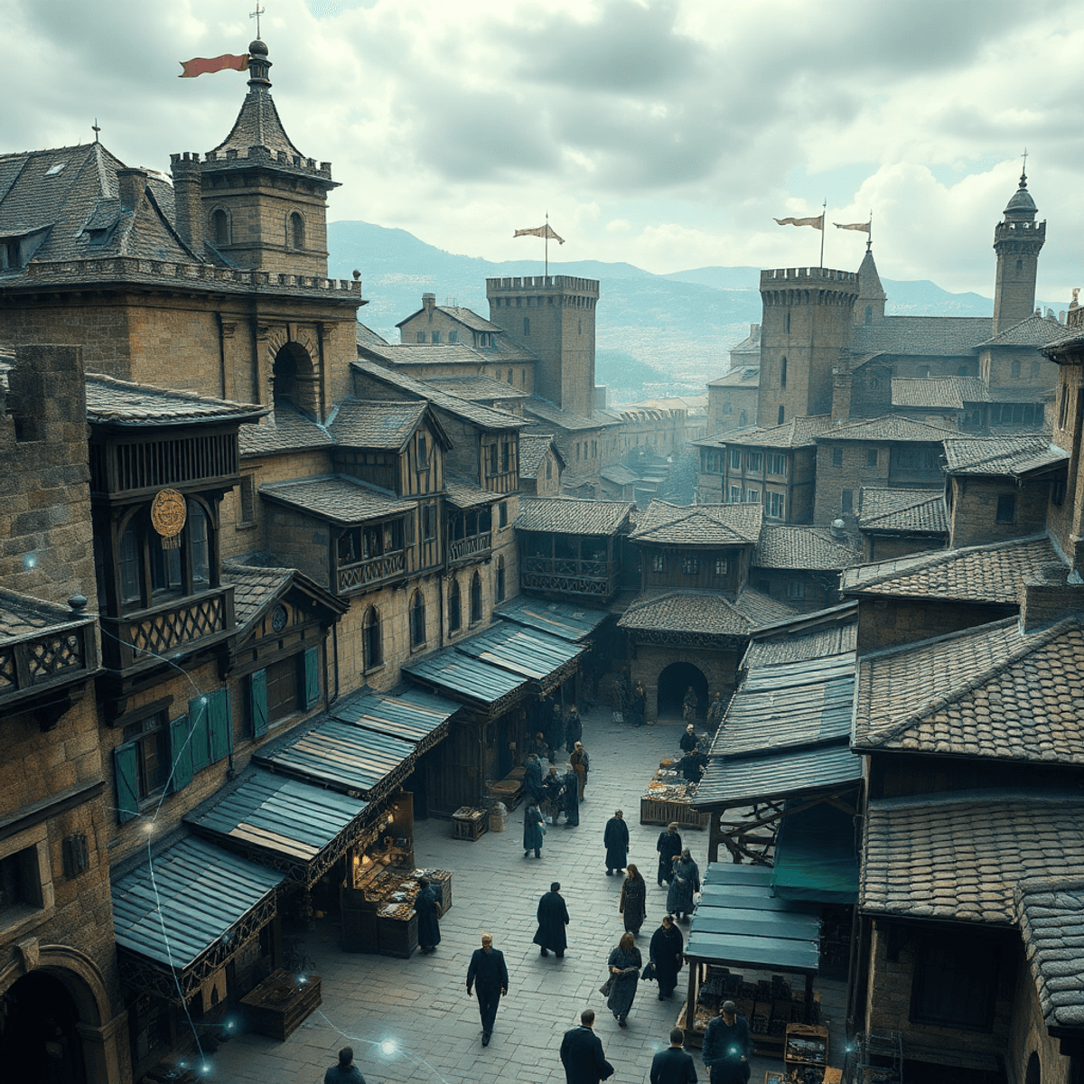 Medieval cityscape with stone buildings and markets, overlaid by glowing digital streams symbolizing the blend of historical trade and modern netwo...