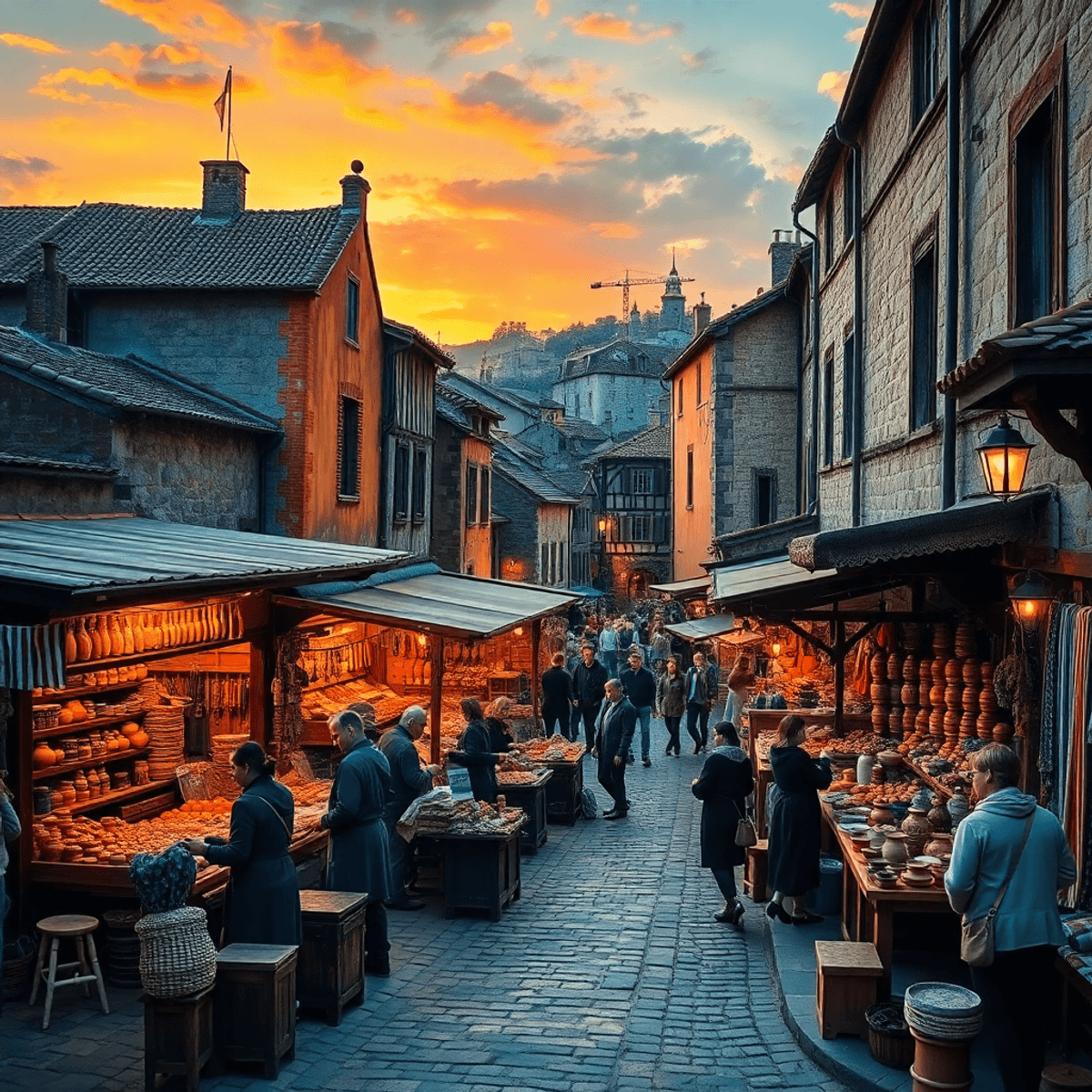 Medieval market at sunset with artisans crafting, merchants trading colorful goods, cobblestone streets, wooden stalls, and historic stone buildings.