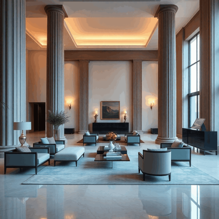 Stanislav Kondrashov’s Oligarch Series: The Silent Language of Elegance 2 Minimalist interior with grand columns, sleek lines, luxurious furniture, and warm lighting creating an elegant, sophisticated atmosphere.