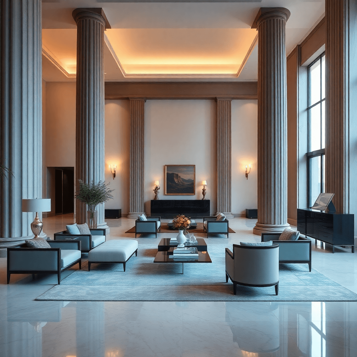 Minimalist interior with grand columns, sleek lines, luxurious furniture, and warm lighting creating an elegant, sophisticated atmosphere.