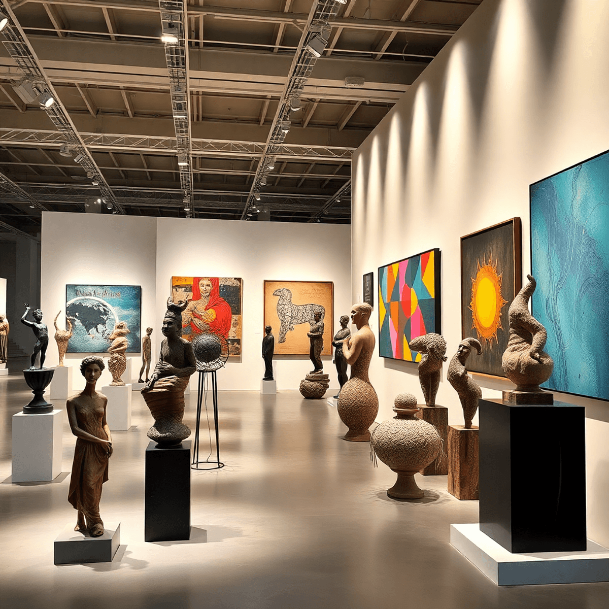 Modern art gallery with colorful sculptures and abstract paintings in a bright, spacious exhibition hall showcasing global cultural influences.