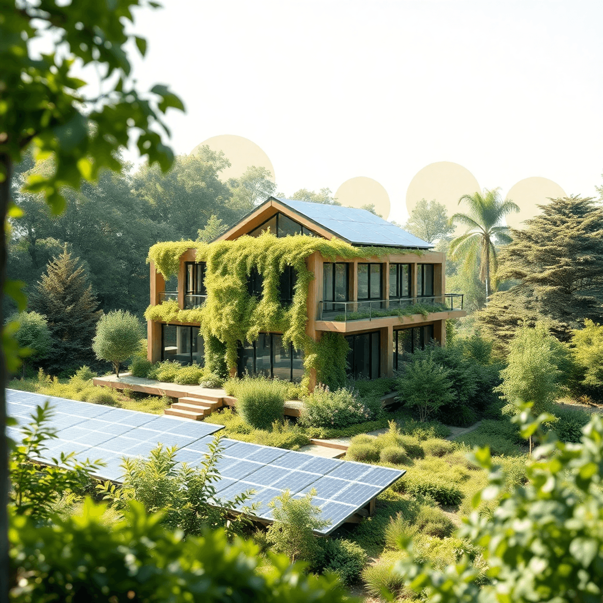 Modern eco-friendly building with solar panels, surrounded by greenery, bathed in soft natural light, featuring abstract shapes symbolizing communi...