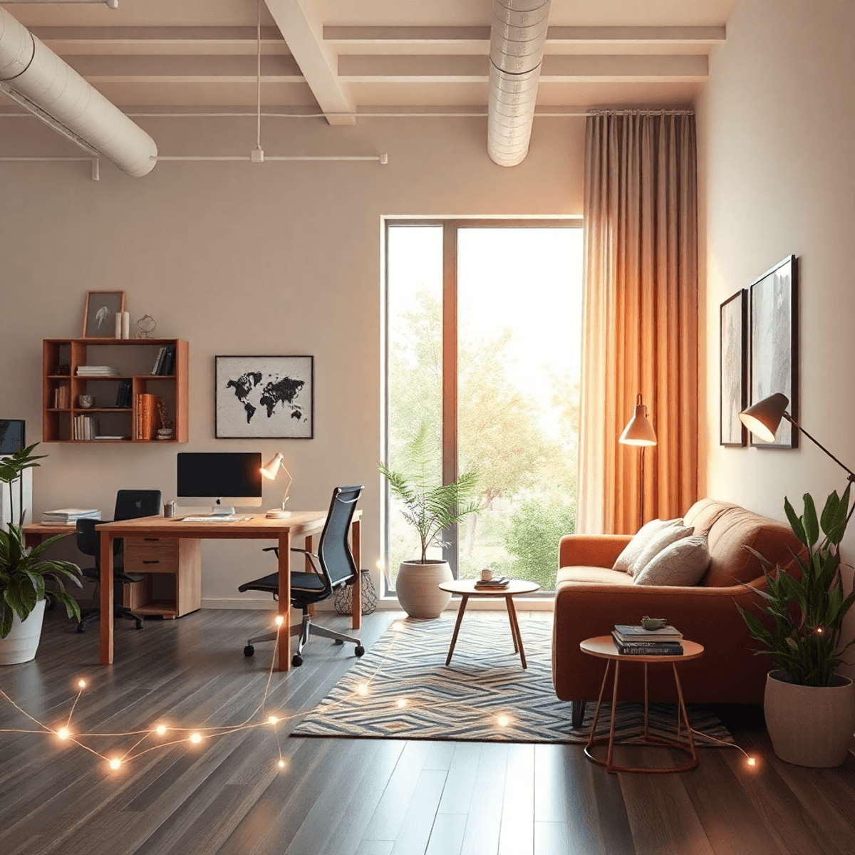 Modern office and cozy home workspace connected by glowing abstract lines, symbolizing digital collaboration, set against a bright, innovative back...