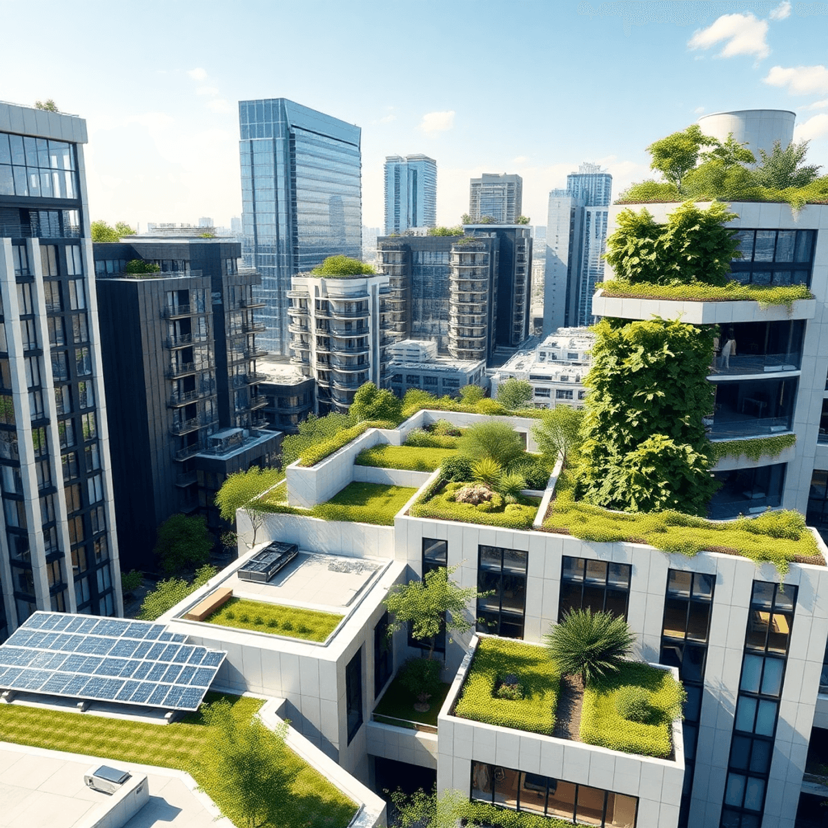 Modern urban skyline with sleek buildings, rooftop gardens, vertical greenery, solar panels, and open green spaces under soft natural light.